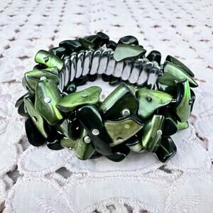 Vintage Expansion Bracelet Green MOP Shell Silver Tone Cha Cha Layering